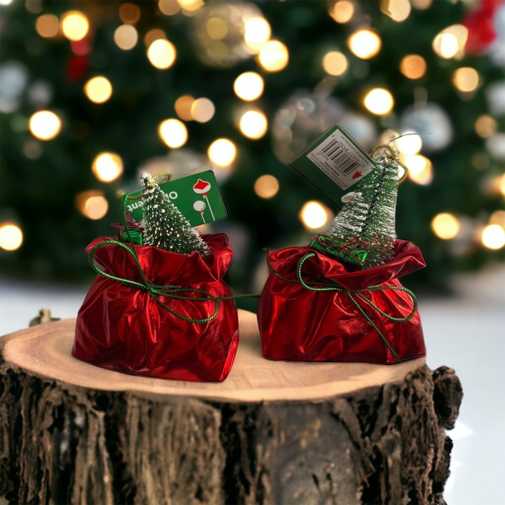 Set‎ Of 2 Christmas tree & gift in a shiny red sack Ornaments